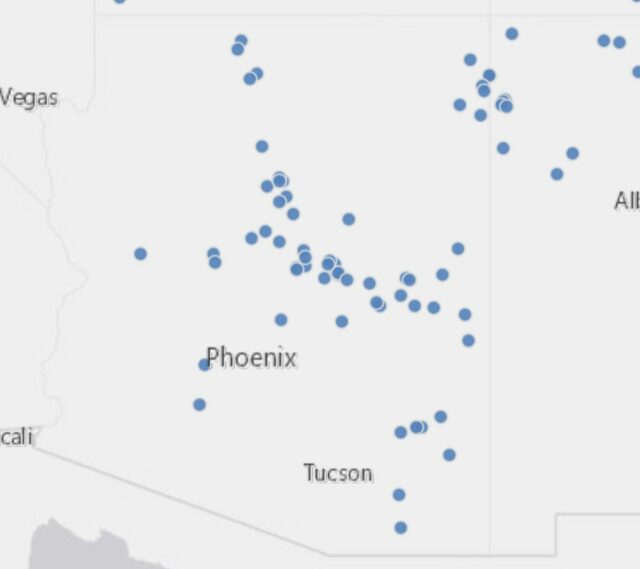 Map of Bigfoot or Mogollon Monster sightings in Arizona