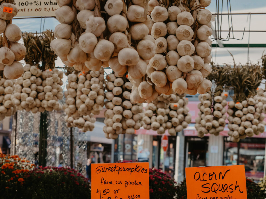 garlic hanging at a market
